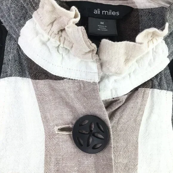 Ali Miles Linen Blend Button Up Tunic sz M Nova Check Plaid Ruffle Babydoll NEW - Picture 6 of 11
